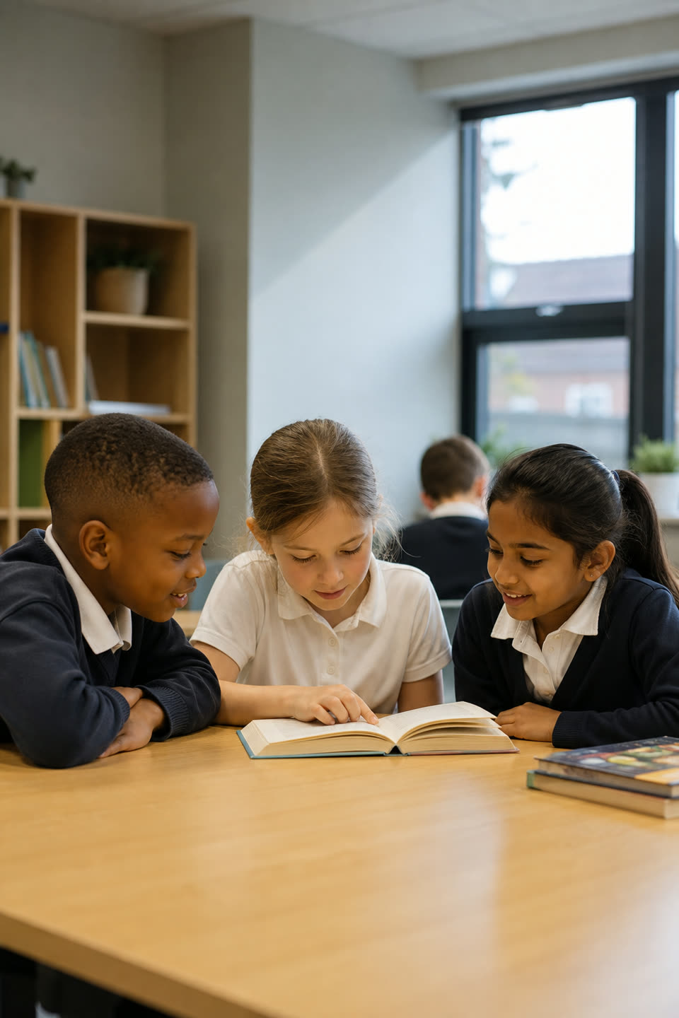 School children reading together in class
